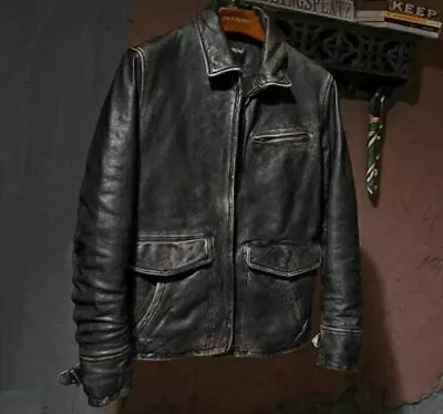 Buy Men’s Motorcycle Biker Vintage Cafe Racer Distressed Black Real Leather Jacket • 79.99£