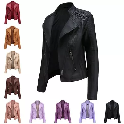 Buy Ladies Leather Jacket Biker Style Tops Black ZIpped Locomotive Clothes Jacket • 32.71£