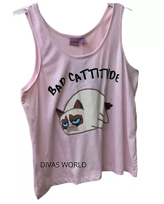 Buy Grumpy Cat Ladies Vest Top BAD CATTITUDE Women's Summer Pink T-Shirt Primark • 11.70£