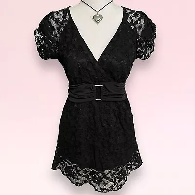 Buy Vintage 90s Y2k Black Lace Goth Fairy Grunge Boho Coquette Wrap Babydoll Top M • 23.62£