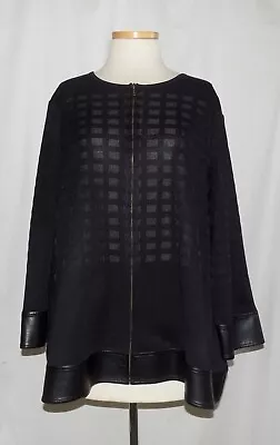 Buy Misook Black Jacquard Knit Grid Design W/Faux Leather Trim Zip Front Jacket 2X • 67.29£