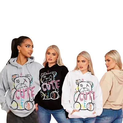 Buy Womens Oversized Graphic Print Teddy Fleece Hoodie Ladies Sweatshirt Hooded Top • 16.99£