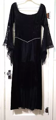 Buy Womens Medieval GOTHIC Crushed VELVET LONG Dress Small BLACK Silver Lace Sleeves • 66.30£