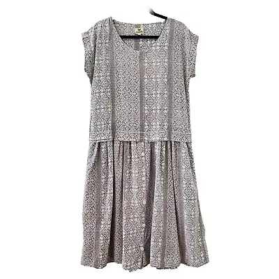 Buy RARE Vtg Anokhi Block Print Cotton Dress One Size Drop Waist Button Skirt Taupe • 90.72£