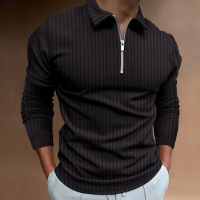 Buy Mens Polo Shirts Zipper Long Sleeve T-Shirts Tipping Collar Casual Tops Blouse • 12.99£