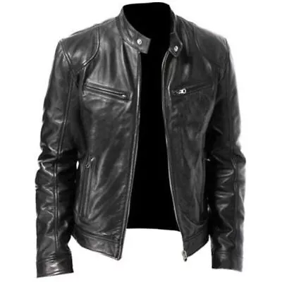 Buy Man Leather Jacket Stand Collar Motorcycle Black Cowhide Marlon Biker Jacket↑ • 36.31£