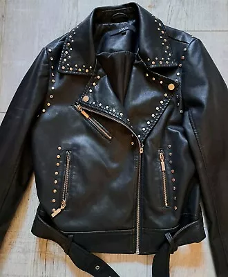 Buy JULIEN MACDONALD STAR Vintage Faux LEATHER Biker Jacket BLACK Uk 12 Silver ZIPS • 37.50£