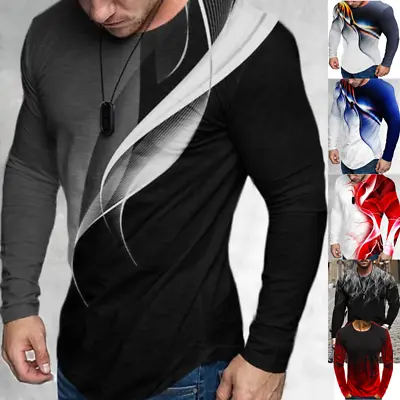 Buy Mens Long Sleeve Print T-Shirt Tops Crew Neck Casual Muscle Tee Slim Fit Blouse • 14.39£