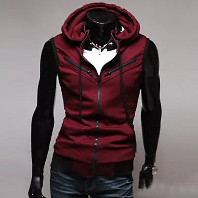 Buy Man's Zipper Sleeveless Hooded Sweatshirt Hoodie Jacket Vest Coat Waistcoat UK • 18.20£
