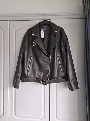 Buy BNWT Primark Brown Washed Look Belted Faux Leather Jacket Sold Out Size M 12 14 • 4.99£