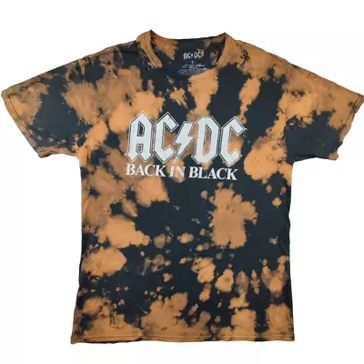 Buy Official AC/DC Back In Black Bleach Tie Dye T Shirt Size L Black Orange Band Tee • 13.99£