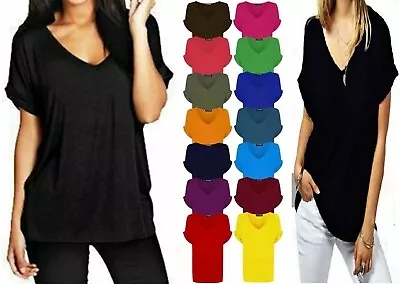 Buy Women Ladies Baggy Loose Fit Oversized Turn Up Batwing Sleeve V Neck Top T Shirt • 9.99£