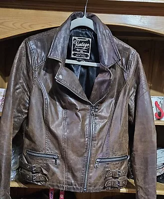Buy Womens New Look Brown Leather Jacket Size 16 • 40£