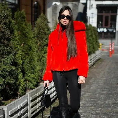 Buy Women Real Mink Fur Coat Natural Fur Red Hood Bomber Jacket Winter Thick Outwear • 1,241.05£