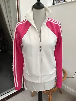 Buy Ladies ‘adidas’ 3 Stripe Long Sleeved White & Pink Zip Up Jacket. Size 14 • 14.99£