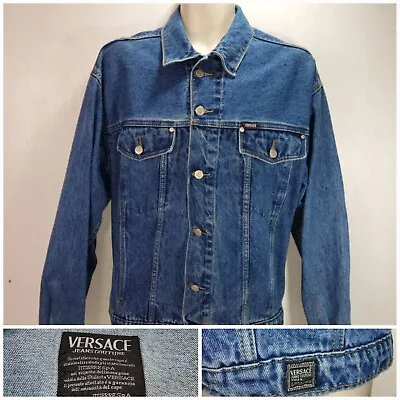 Buy Vintage Versace Jeans Couture Denim Jacket Blue Medusa Button UK Size Large • 79.95£
