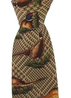 Buy Luxury Brown Tweed Silk Tie With Standing Pheasants Game Day Shooting Shotgun  • 18.99£