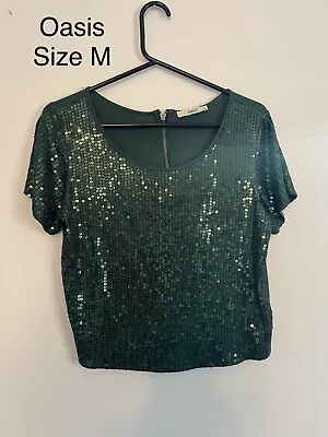 Buy Womens Oasis Sequined Green Top Size M • 2.99£