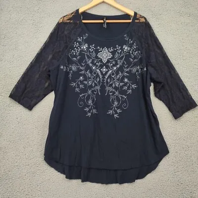 Buy Seven 7 Top Womens 22 24 Black 3/4 Lace Sleeve Scoop Neck Embellished Luxe • 19.29£