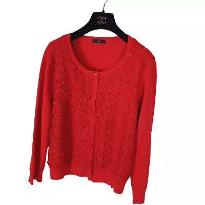 Buy M&Co Red Rhinestone Cardigan Size 14 Lace Floral Front Stretch Short Knitted Top • 19.99£