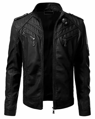 Buy Mens Real Leather Jacket Retro Black Slim Fit Biker Jacket • 70£