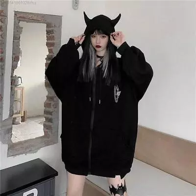 Buy Devil Horn Zip Up Hooded Sweatshirt Jacket Gothic Halloween Women's Hoodie • 25£