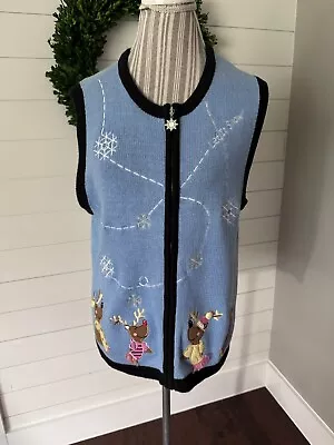 Buy Bechamel Vintage Blue Let It Snow Zip Up Christmas Sweater Vest Sz L (I2) • 28.94£