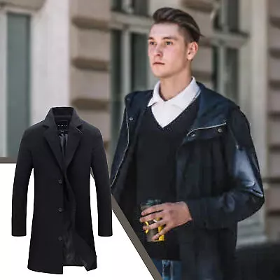 Buy Men Wool Coat Winter Trench Outwear Overcoat Long Jacket Lapel Single Breasted • 24.69£