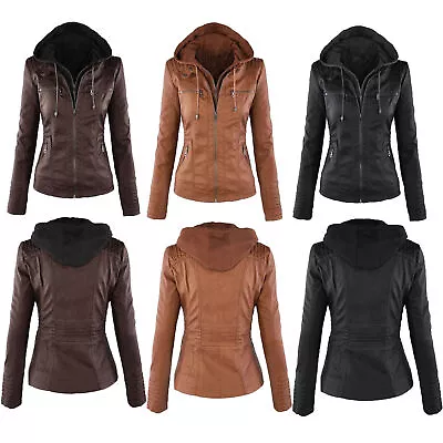 Buy Womans Ladies Faux Leather Hooded Jacket Biker Jackets Coat Slim Tops Outwear • 17.44£