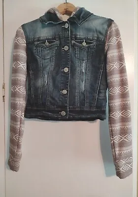 Buy Wallflower Indian Geo Denim Jean Jacket With Hoodie Cotton Sleeves Size Small • 14.20£