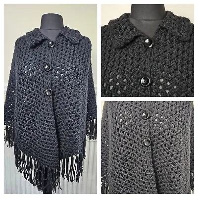 Buy Black Handmade Crochet Knit Gothic Boho Collared Tassel Fringe Poncho Size 12/14 • 45£
