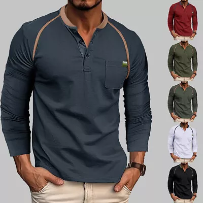 Buy Mens Long Sleeve Henley Shirts Tops Grandad Casual Golf Button T Shirt Blouse 44 • 9.99£