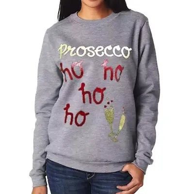 Buy Novelty Prosecco Christmas Jumper Ho Ho Ho Womens Xmas Sweater Grey UK 8-14 • 7.97£