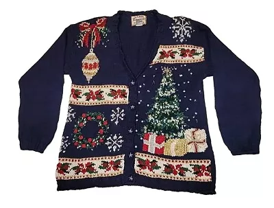 Buy Vintage Blue Ugly Christmas Sweater Cardigan Wreath Tree Poinsettia • 34.18£