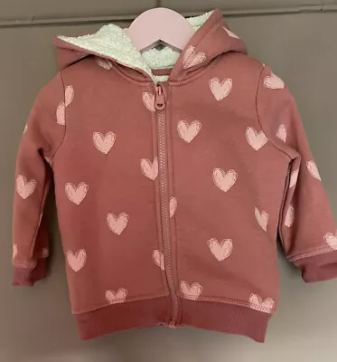 Buy Girls Pink Heart Print Sherpa Lined Zip Though Hooded Jacket Age 12-18 Months • 4.50£
