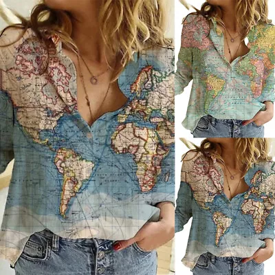 Buy Womens WORLD MAP Cotton Linen Plain Blouse Tops Ladies Baggy Long Sleeve T-Shirt • 15£