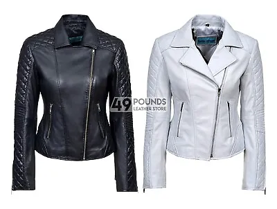 Buy Ladies  Biker Style Quilted Sleeve Short Soft Real Leather Jacket JESSIE • 55.25£