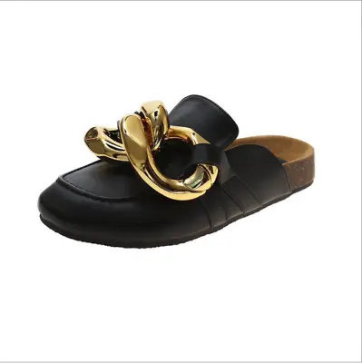 Buy Flat Mules Sandals Slippers Big Metal Buckle Leather Womens Shoes Outdoor • 29.99£