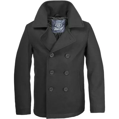 Buy Brandit Classic Us Navy Pea Coat Warm Mens Marine Army Reefer Wool Jacket Black • 86.95£