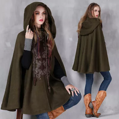Buy Women Hooded Embroidered Loose Wool Cape Jacket Vintage Sleeveless Cloak Winter • 123.59£