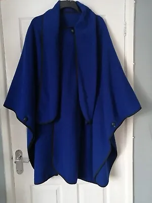 Buy Ladies Sz20-24 Pure New Wool Royalblue/black Trim Cape Coat Poncho Jacket Shawl • 26.99£