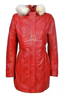 Buy Juliet Red Ladies Smart Fur Hooded Designer Lambskin Leather Jacket Long Coat • 119.99£