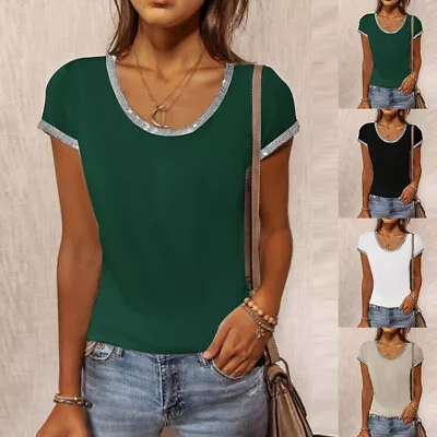 Buy New ⭐Womens Crew Neck Short Sleeve Tunic Tops Ladies Casual Slim Blouse T-shirts • 10.49£