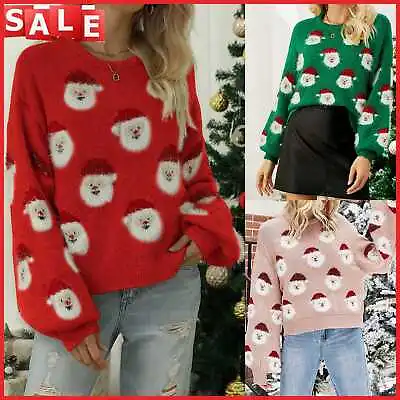 Buy Women Knitted Jumper Print Santa Claus Xmas Sweater Fashion Simple Sweater Shirt • 21.66£