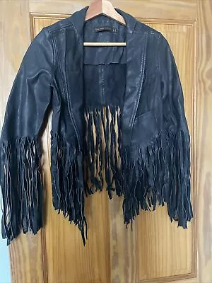 Buy Rare Kate Moss Topshop Iconic Midnight Blue Crop Fringed Leather Jacket Uk 8 36 • 2.20£