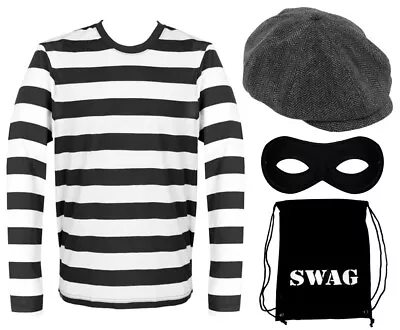 Buy Adult Burglar Costume Robber Fancy Dress Long Sleeve Stripe Top Hat Eyemask • 14.99£