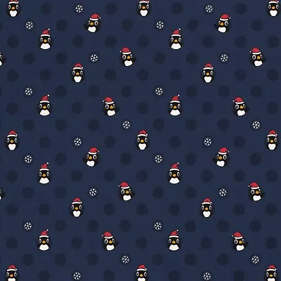 Buy Childrens Novelty Christmas Navy Cotton Jersey Fabric -Penguins And Snow • 6.95£