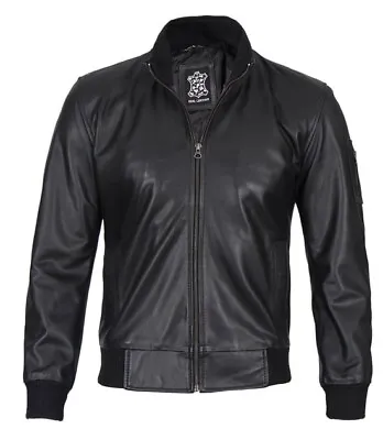 Buy Mens  Black Cowhide Leather Bomber Jacket  Free Shipping • 75£