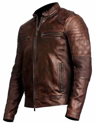Buy Men's Biker Vintage Motorcycle Distressed Brown Cafe Racer Leather Jacket • 69.99£