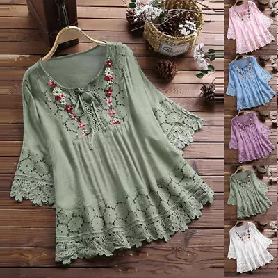 Buy Summer Women Lace Floral Tunic Tops Ladies Baggy Casual T Shirt Blouse Plus Size • 12.55£